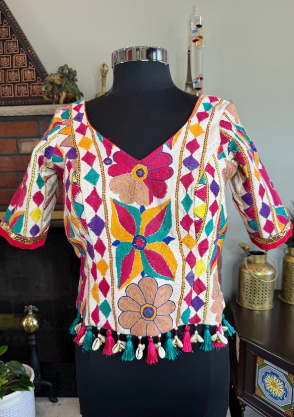 White Teal Pink Kutchi Kodi Blouse